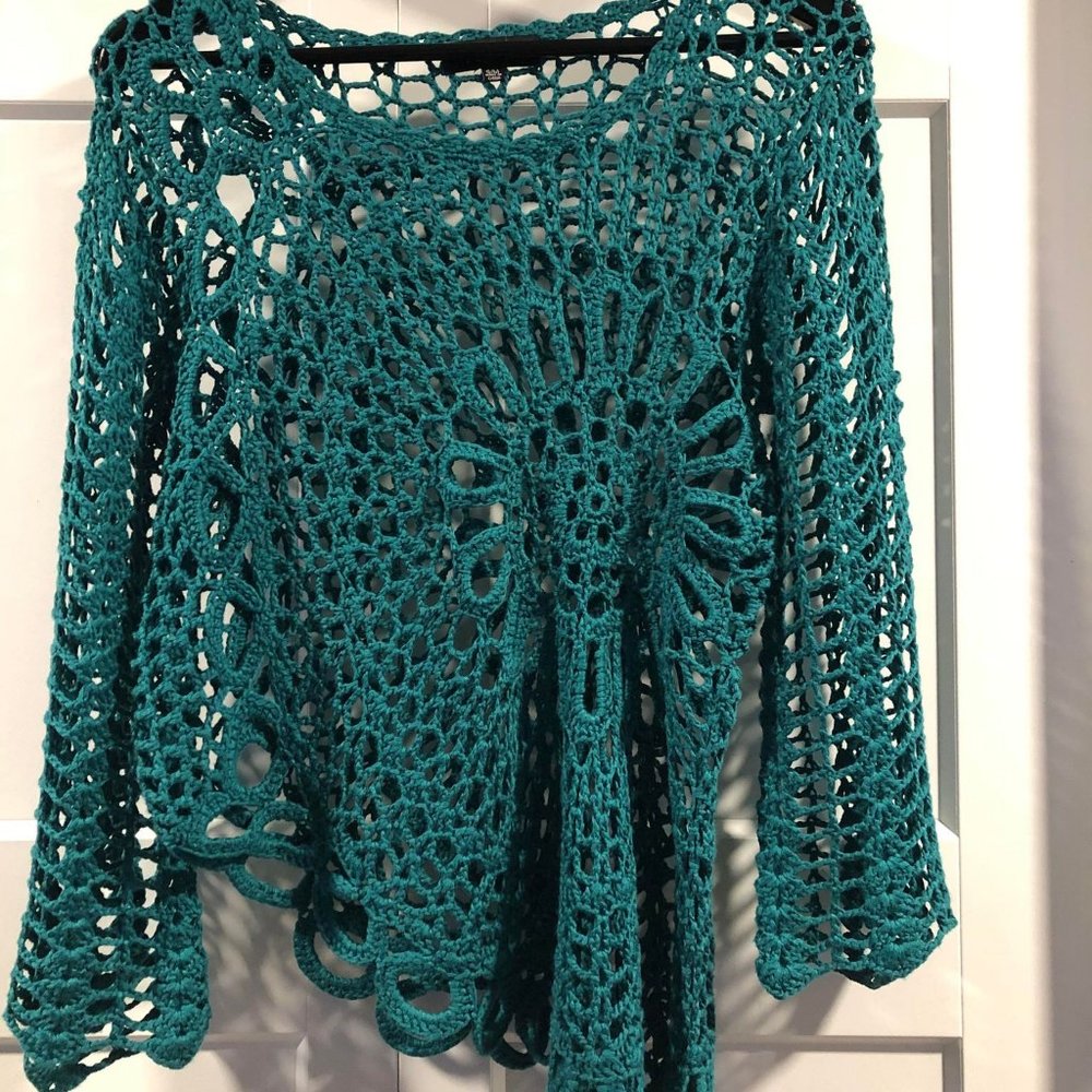 Papillon Bohemian style Crochet/knit pullover. Deep Teal Green S-M
